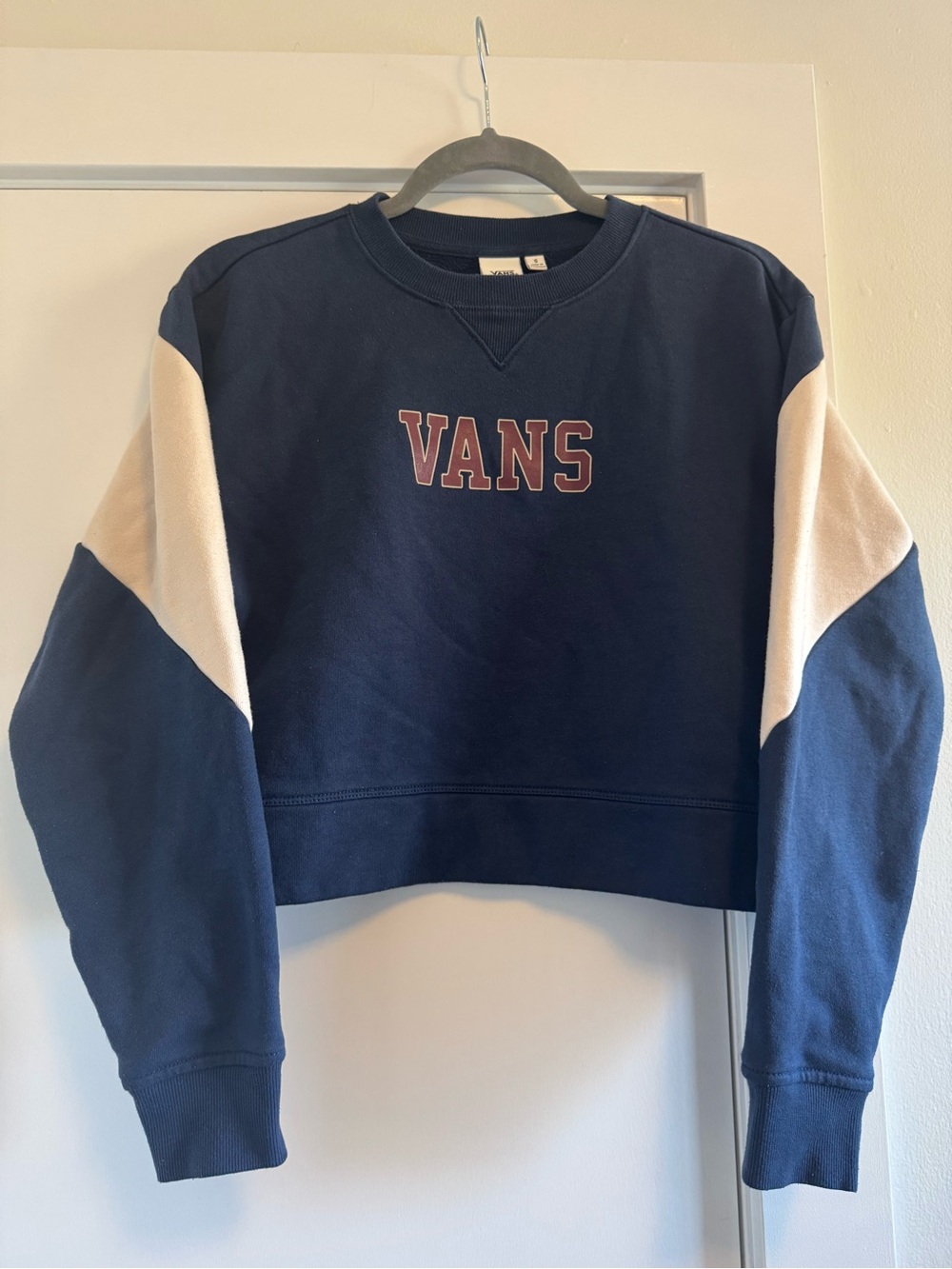 Vans Academy Colorblock Crop Crewneck Sweatshirt Navy Cream Small